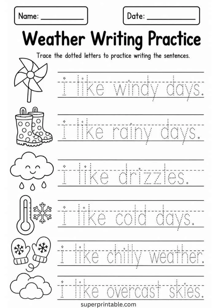 Weather writing worksheet with tracing lines, weather phrases, and icons for rain, wind, cold, and clouds.