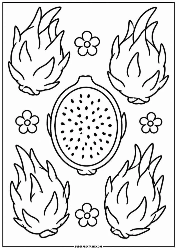 A coloring page featuring four whole dragon fruits, one halved dragon fruit in the center, and four simple flowers.