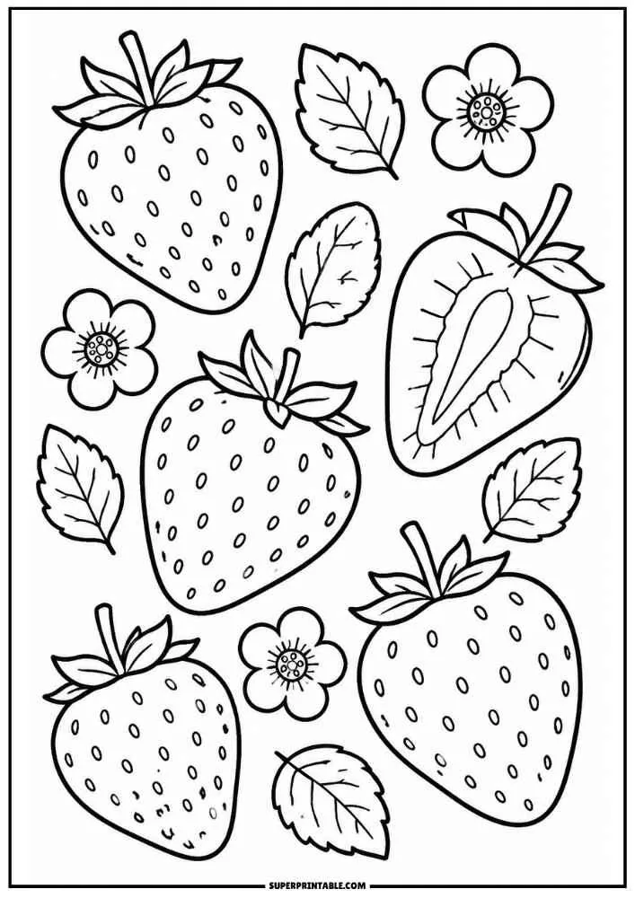 A coloring page showing four whole strawberries, one halved strawberry, loose leaves, and detailed blooming flowers.