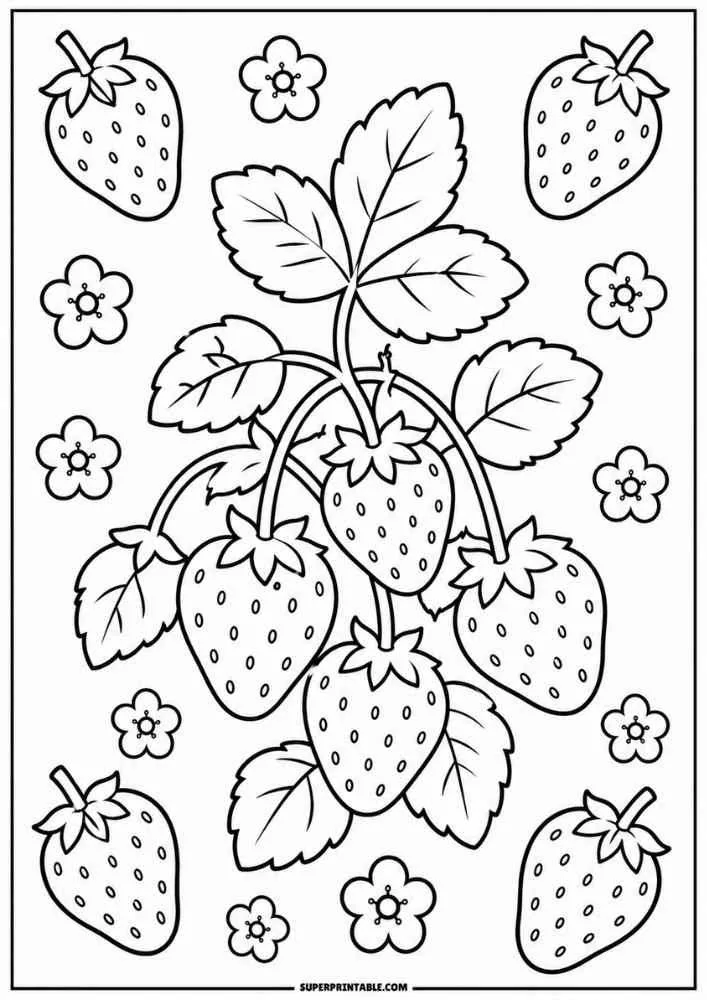 A coloring page showing a central stem with four strawberries and leaves, surrounded by loose strawberries and simple flowers.