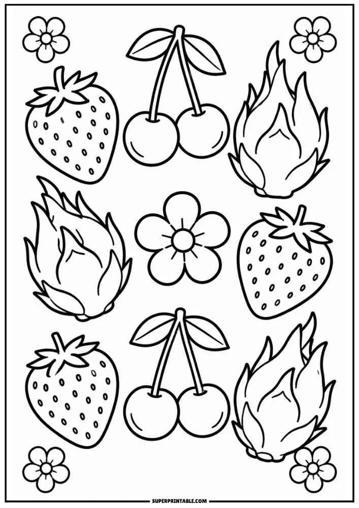 A coloring page featuring strawberries, cherry pairs, whole dragon fruits, and a single flower arranged in a neat pattern.