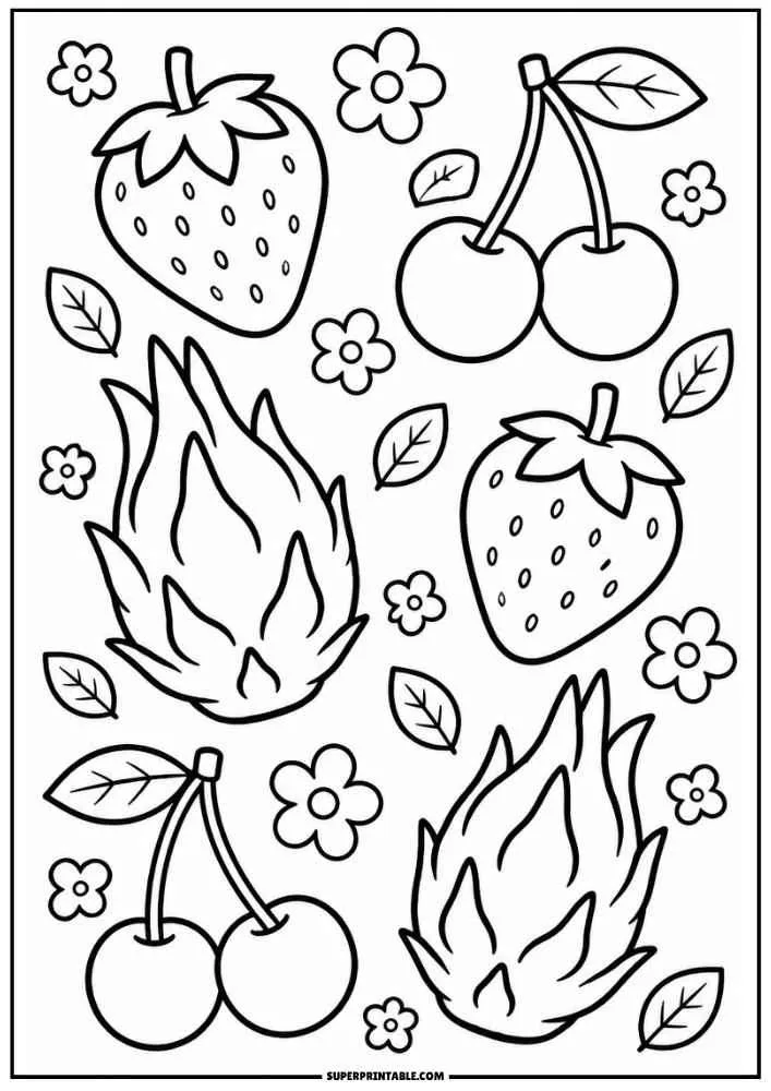 A coloring page with scattered strawberries, cherry pairs, whole dragon fruits, loose leaves, and small flower blossoms.