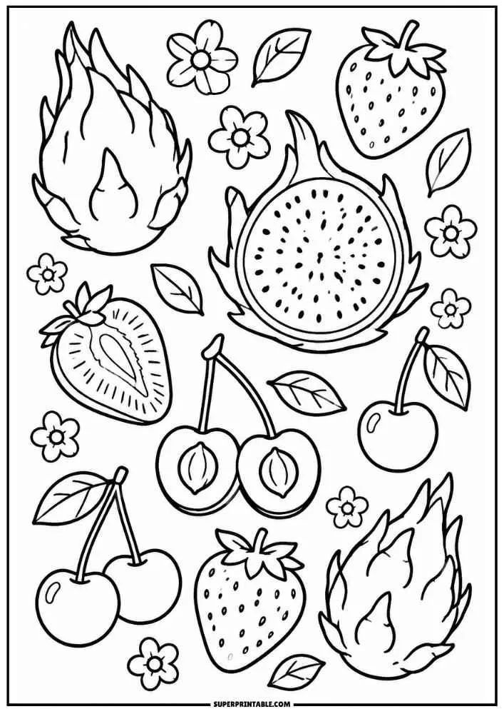 A coloring page showing whole and sliced strawberries, cherries, and dragon fruits mixed with small leaves and flowers.