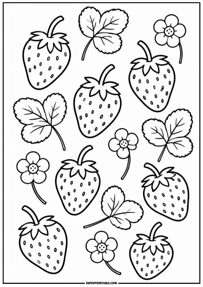 A coloring page featuring multiple large strawberries, clusters of three leaves, and simple small flowers.