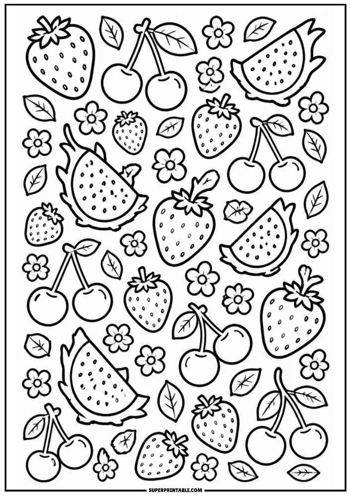 A busy coloring page filled tightly with strawberries, cherry pairs, dragon fruit slices, small leaves, and simple flowers.