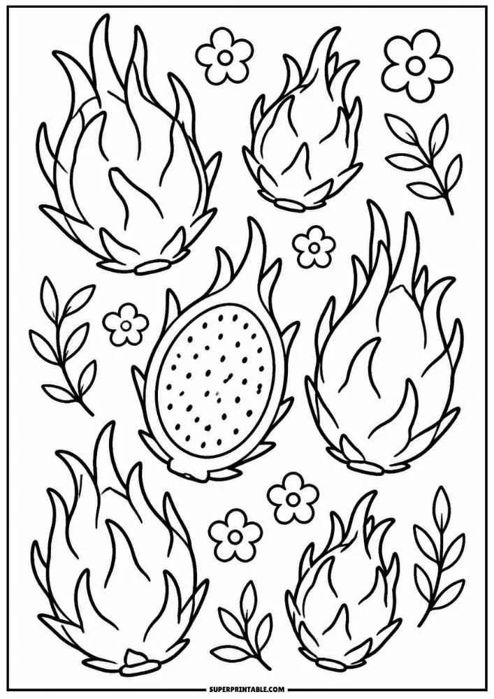 A coloring page featuring five whole dragon fruits, one halved fruit, leafy stems, and simple flower blossoms.