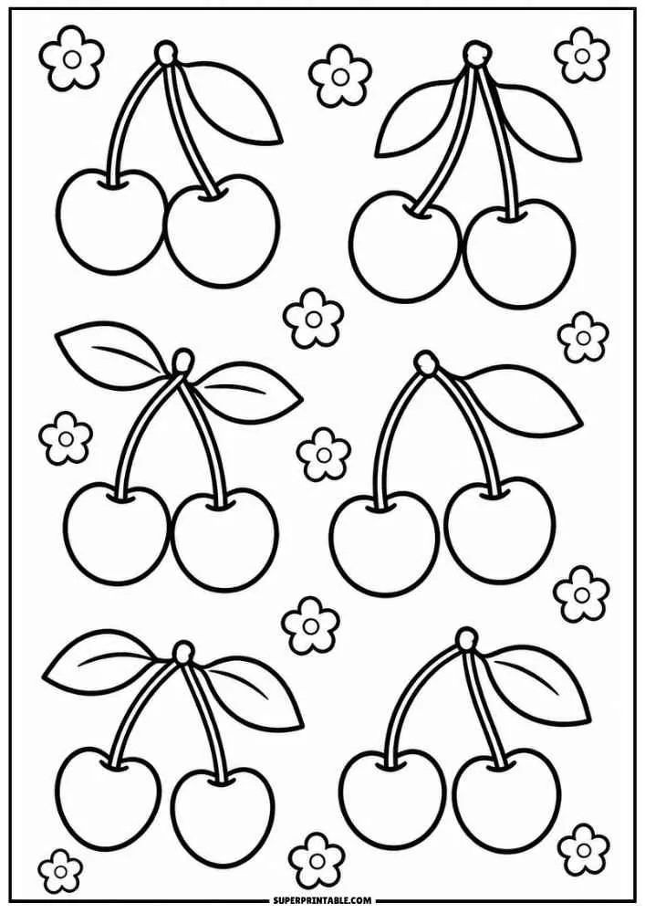 A coloring page with four pairs of cherries attached to stems with leaves, surrounded by small flower blossoms.