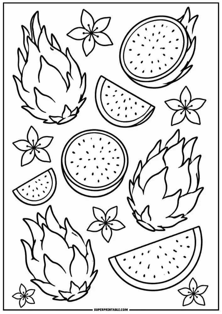A coloring page showing whole and halved dragon fruits, three watermelon slices, and star-shaped tropical flowers.