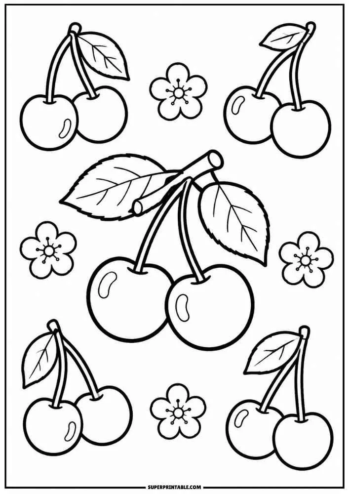 A coloring page featuring four pairs of cherries on leafy stems surrounded by small five-petal flowers.