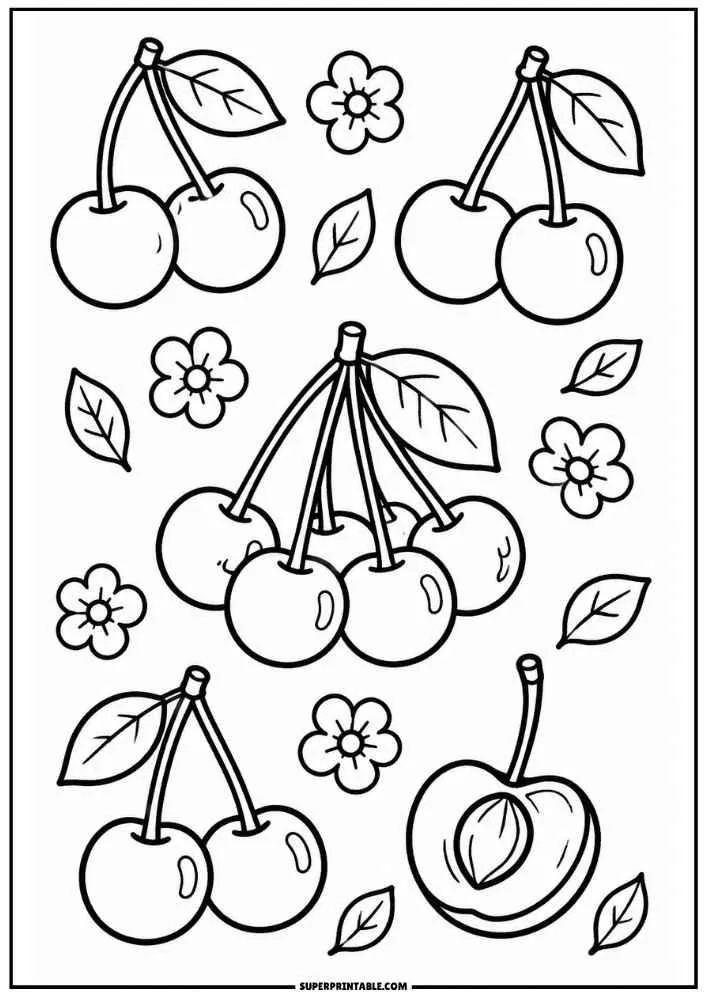 A coloring page showing a central cluster of cherries, cherry pairs, a halved cherry with a pit, leaves, and flowers.