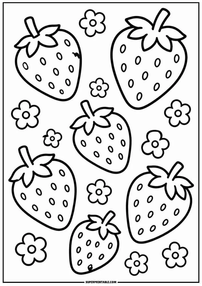 A coloring page featuring five large strawberries with seeds and leafy tops, surrounded by simple flower blossoms.