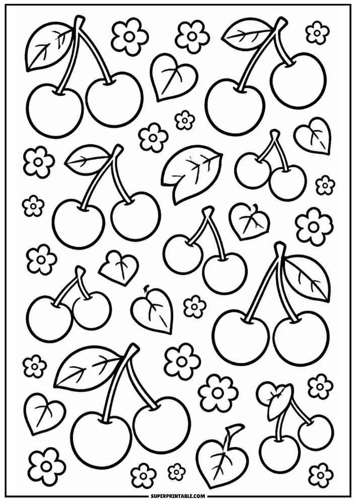 A coloring page filled with multiple pairs of cherries, scattered leaves, heart-shaped leaves, and small flowers.