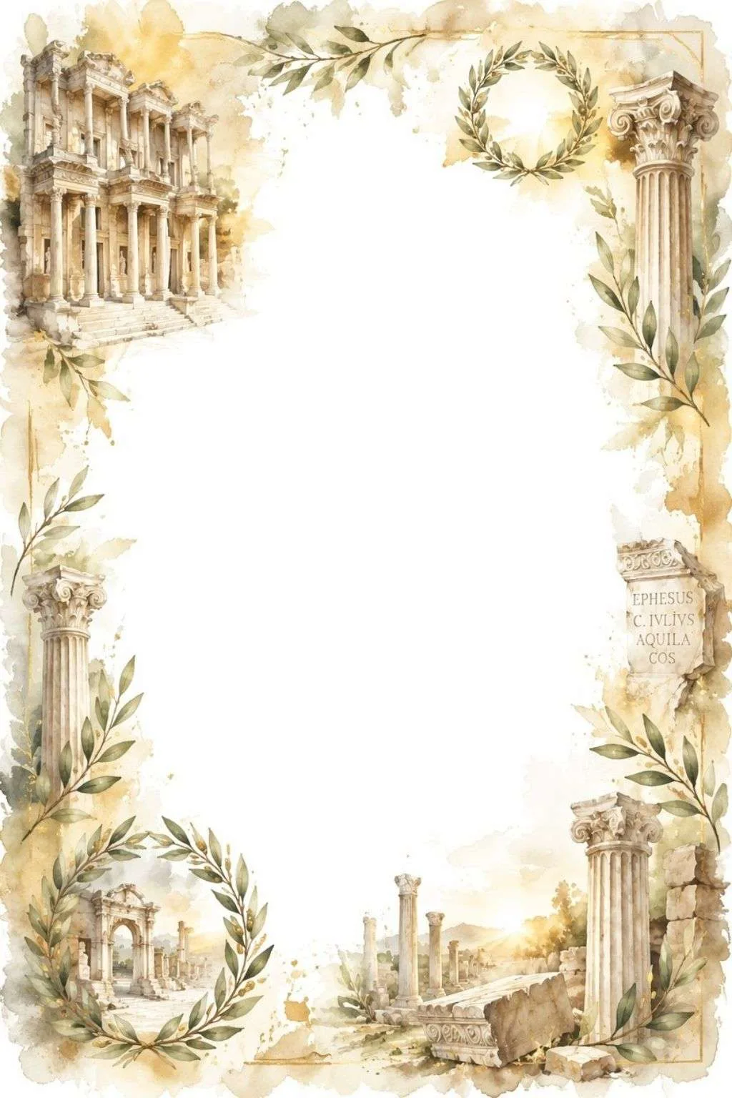Watercolor border with Ephesus ruins, stone columns, olive leaves, and an open center.