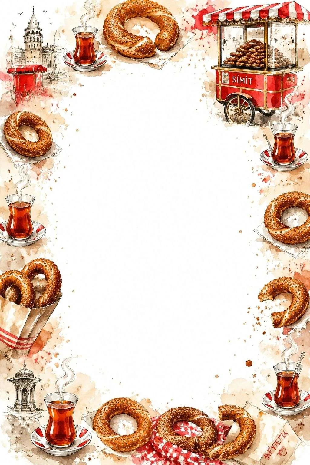 Border with simit, tea glasses, street cart, and a large blank center.