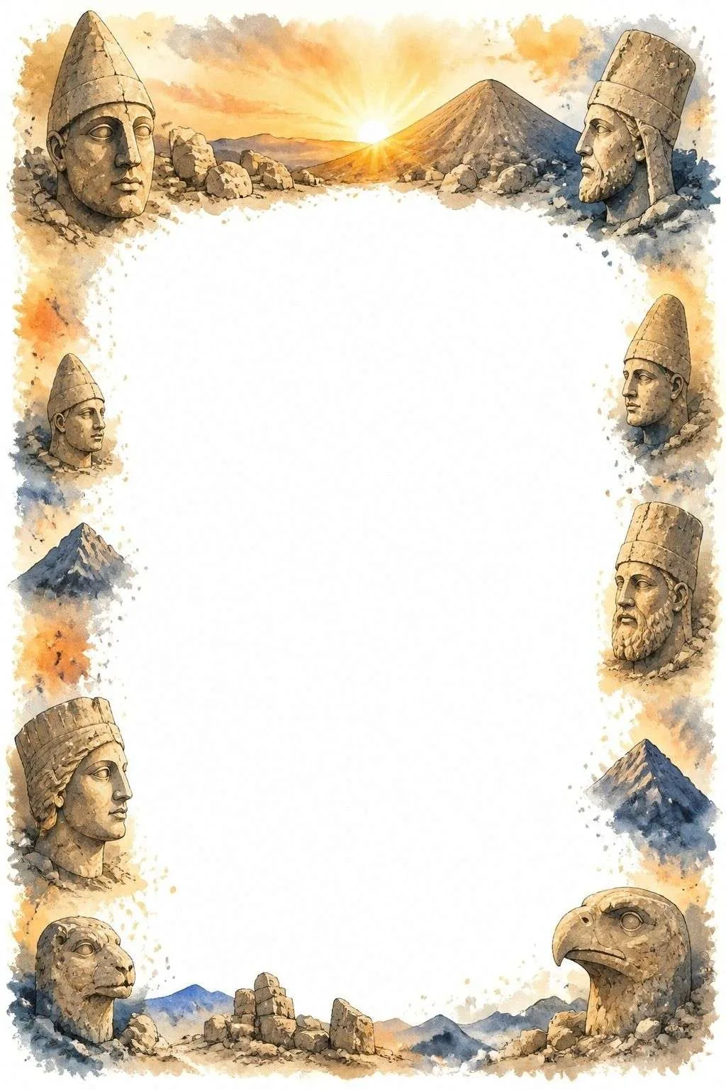 Border with Mount Nemrut stone heads, mountains, ruins, and a blank center.