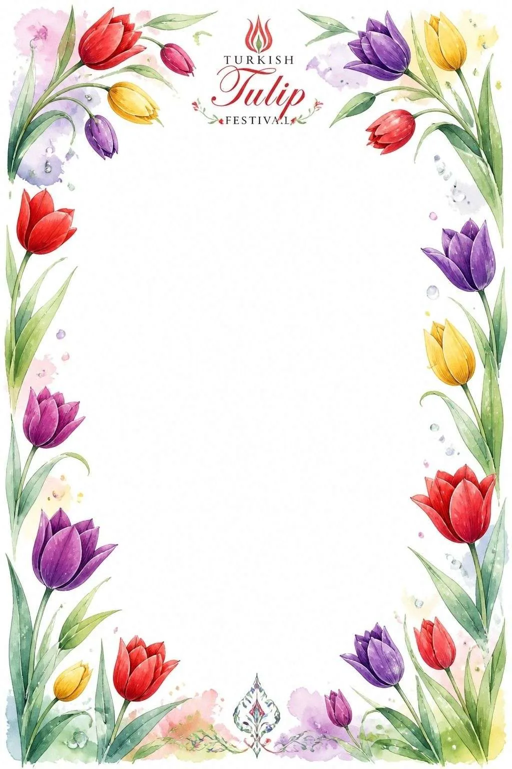 Border with colorful tulips, festival title, and a large blank center.