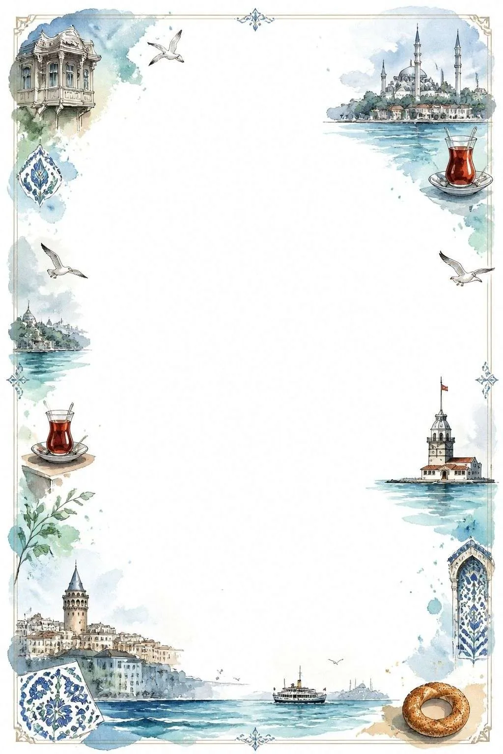 Border with Istanbul skyline, ferry, tea glasses, tiles, and a blank center.