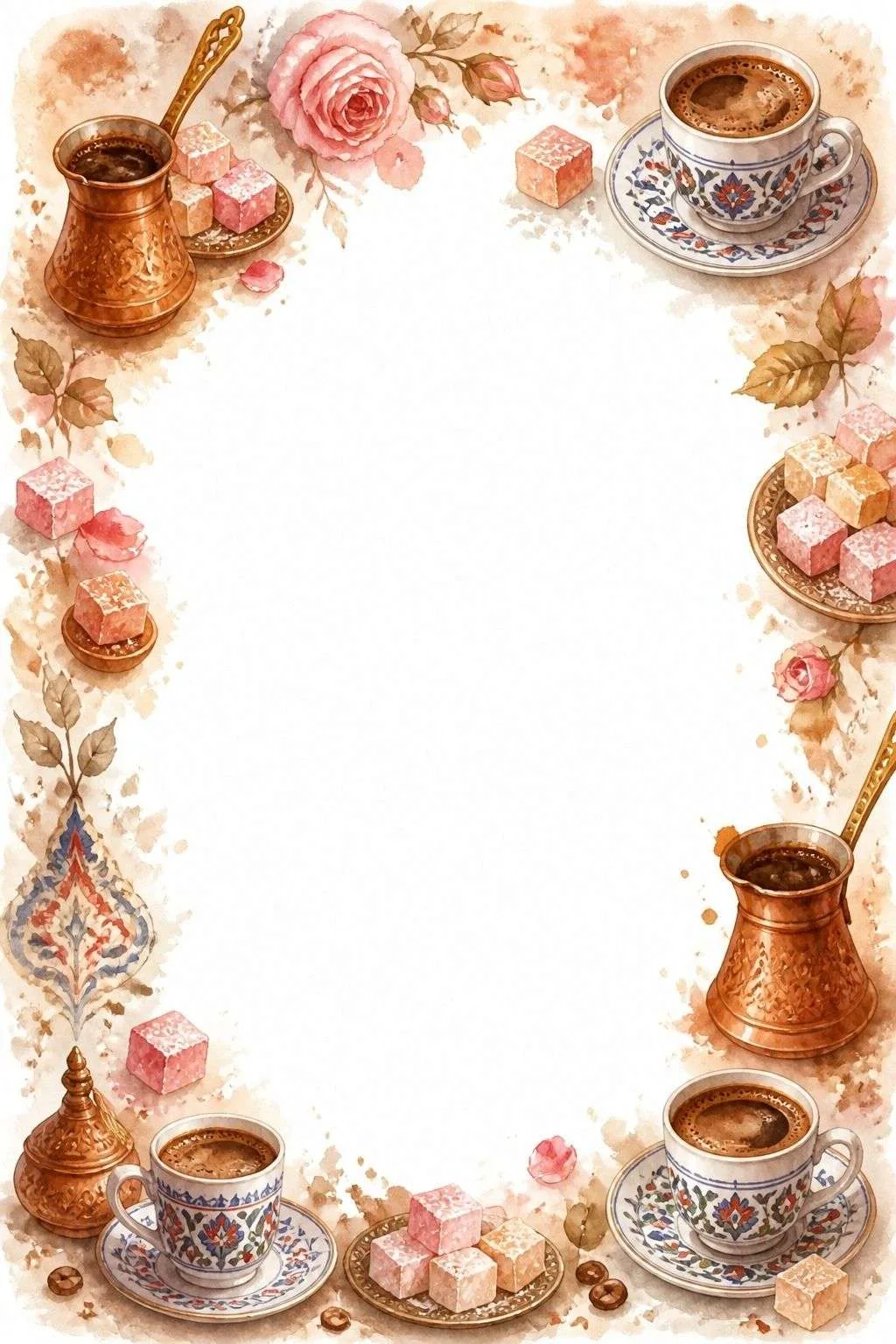 Border with Turkish coffee cups, Turkish delight, roses, and a blank center.