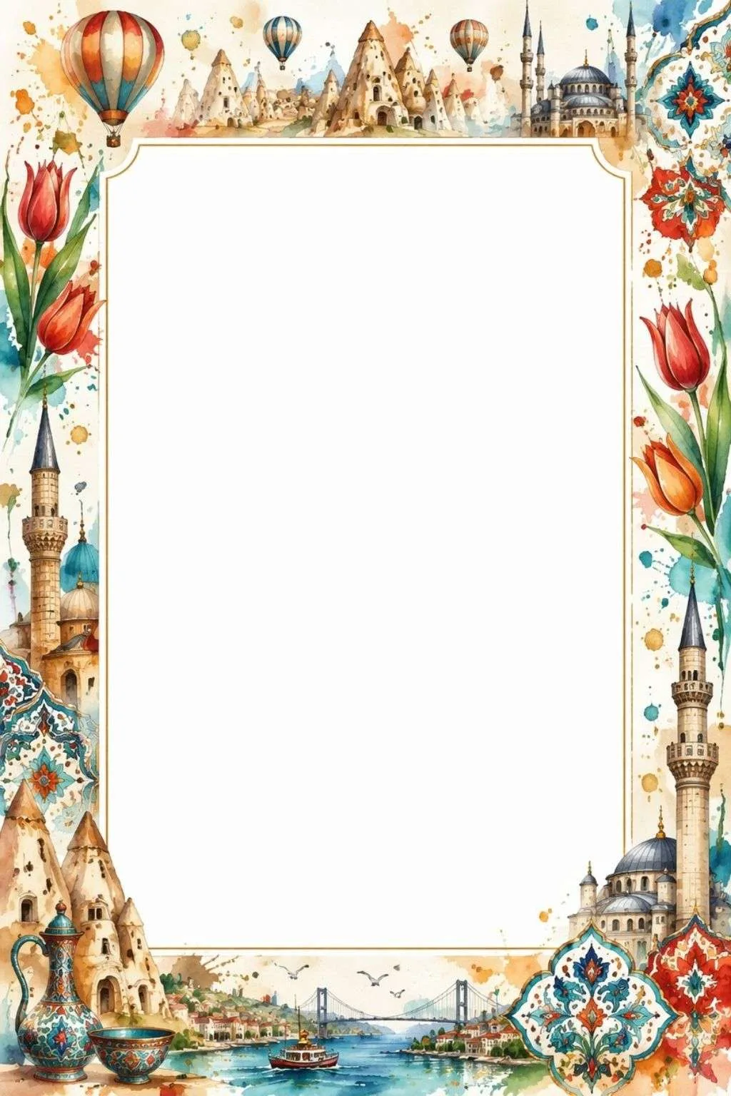 Border with Cappadocia balloons, tulips, mosques, tiles, and a large blank center.