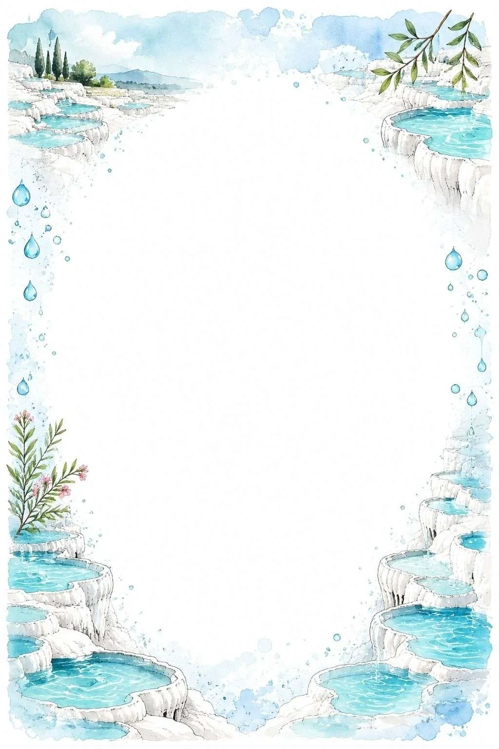 Watercolor border with blue Pamukkale pools, terraces, plants, and a large blank center.