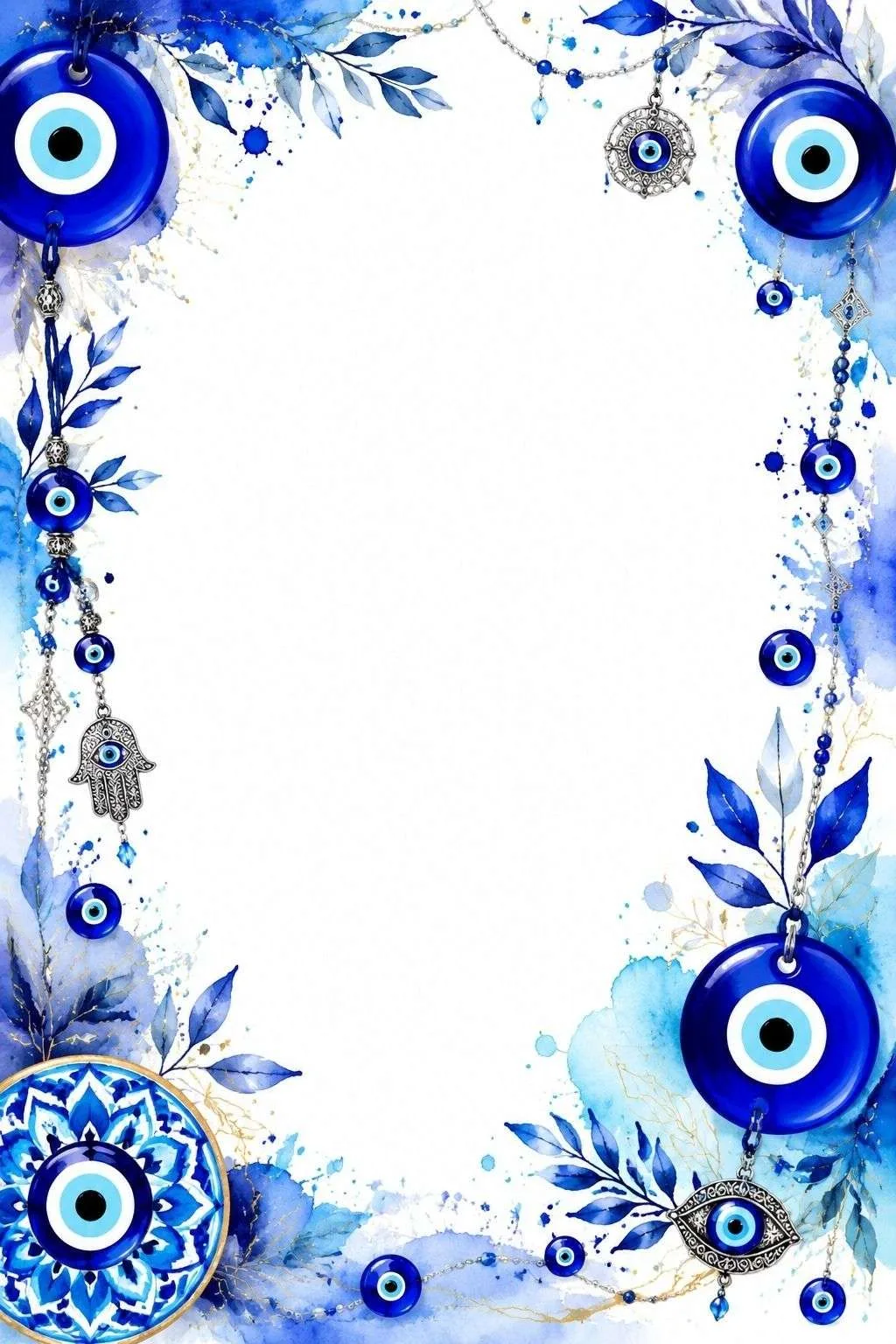 Border with blue evil eye charms, hanging ornaments, leaves, and a blank center.