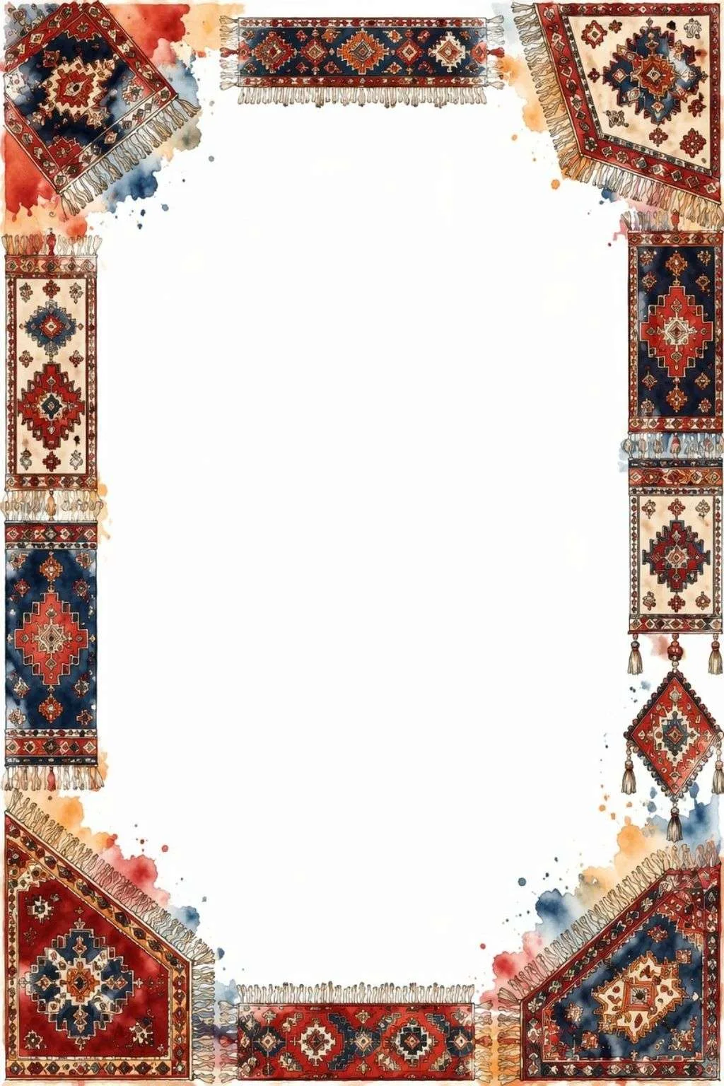 Border with traditional Turkish rugs and woven patterns around a blank center.