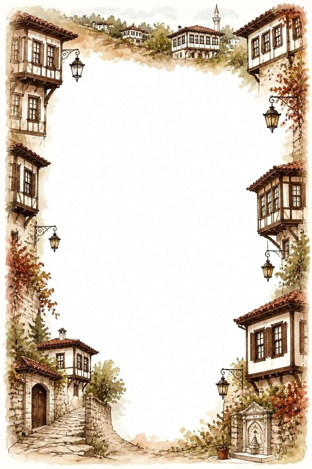 Border with traditional Turkish houses, lanterns, stone path, and a blank center.
