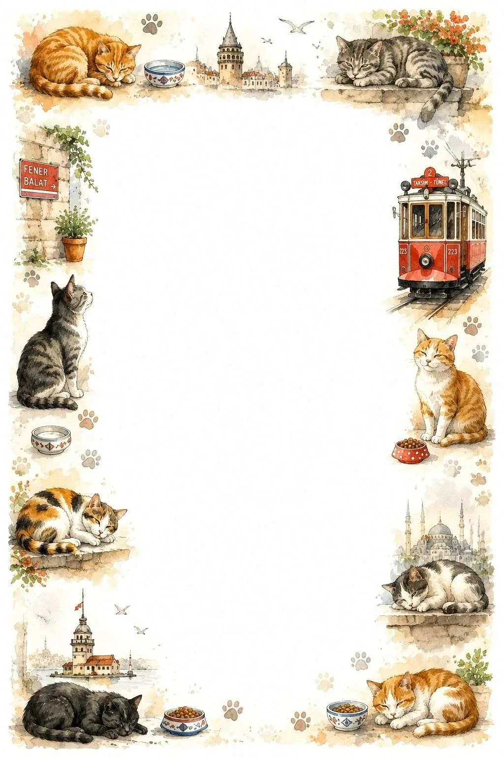 Border with sleeping cats, tram, Galata Tower, mosque, and a blank center.