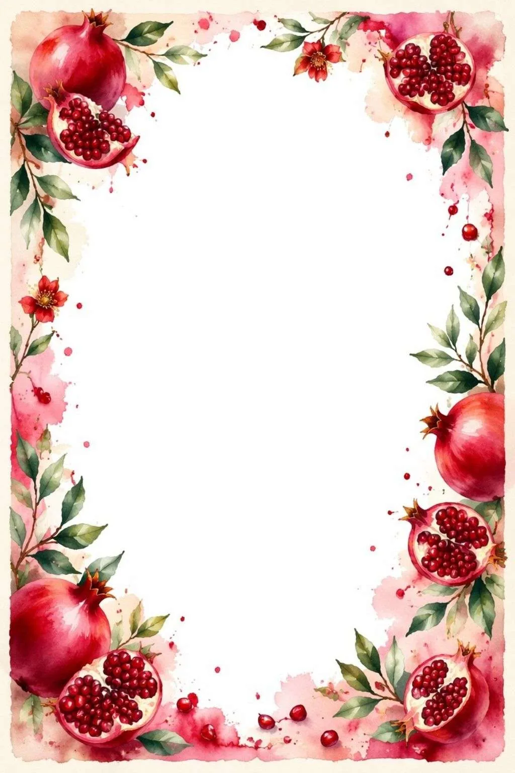 Border with pomegranates, flowers, green leaves, and a large blank center.
