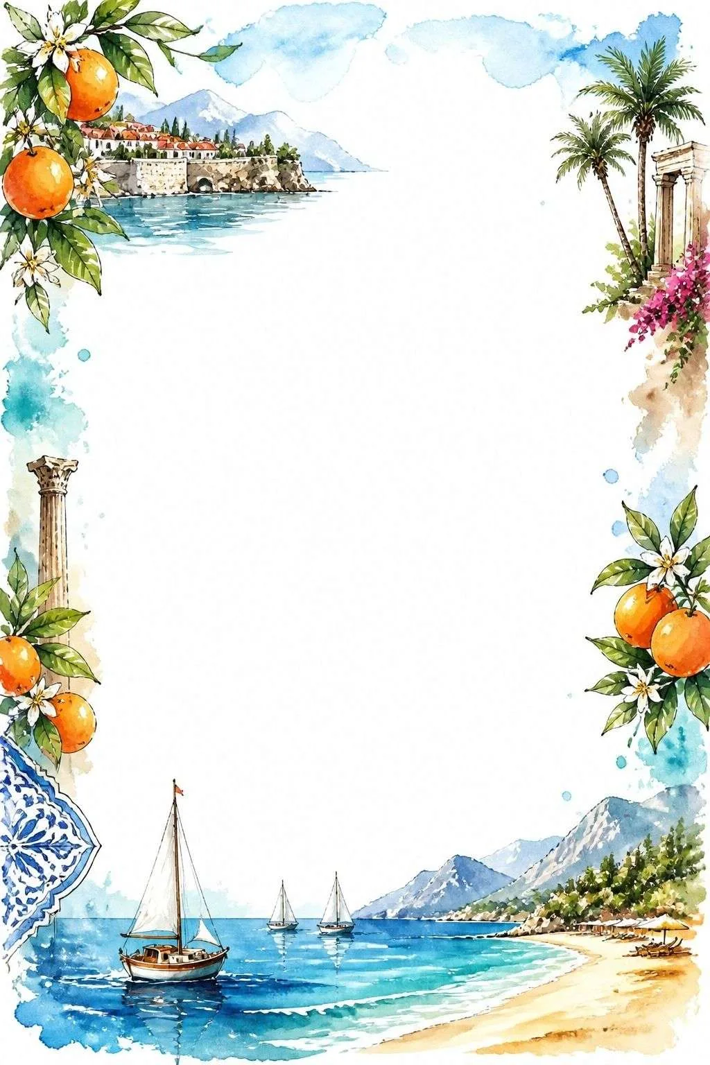 Border with beach, boats, orange trees, columns, and a blank center.