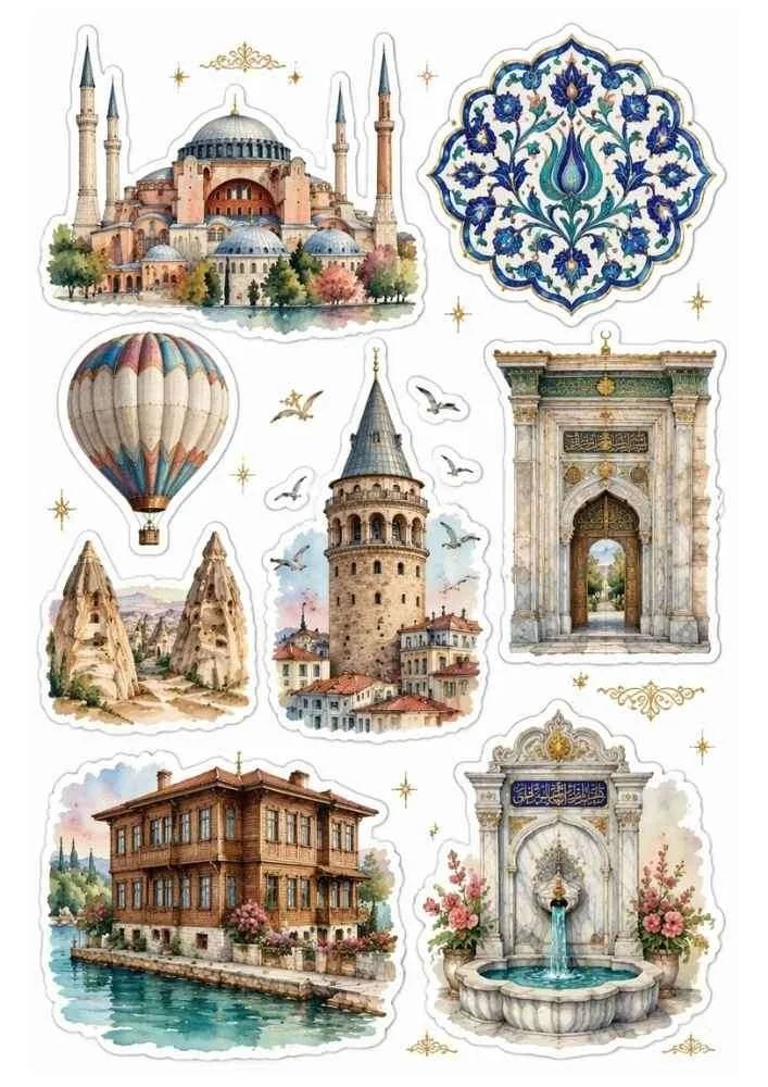 Sticker set with Turkish landmarks, hot air balloon, fountain, tile art, and historic buildings.