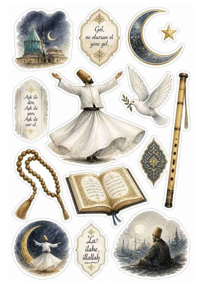 Sticker set with whirling dervish, dove, flute, prayer beads, moon, and book.