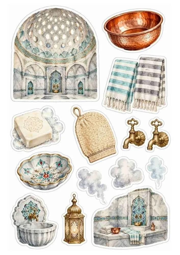Sticker set with hammam interior, towels, soap, bowls, fountain, and lantern.