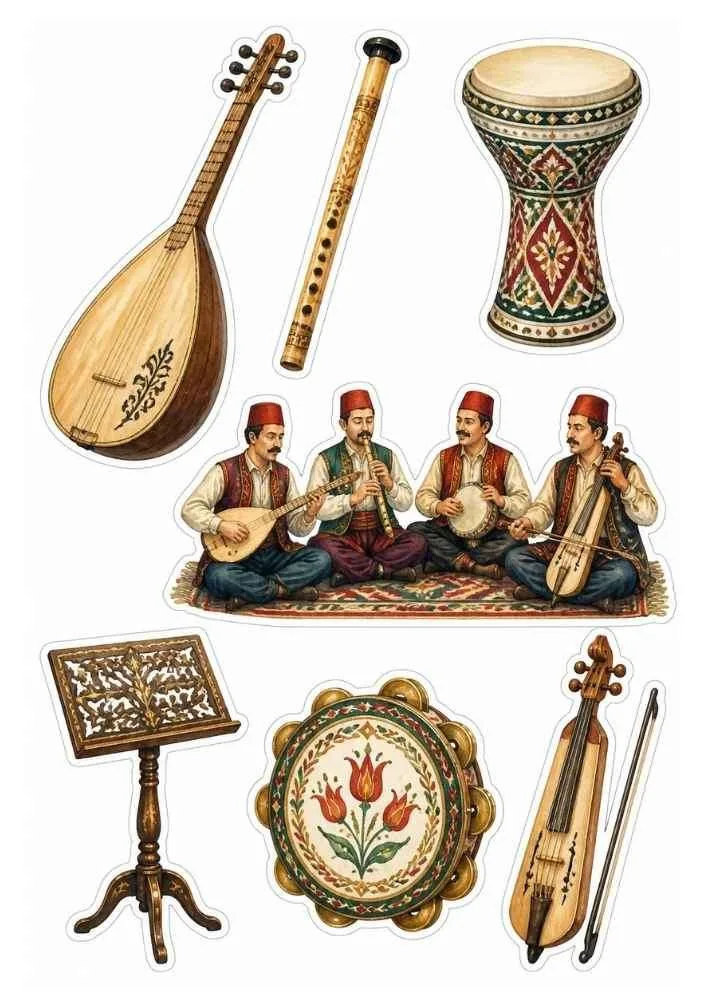Sticker set with musicians, lute, flute, drum, tambourine, and bowed instrument.