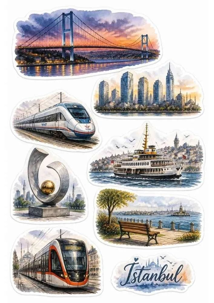 Sticker set with bridge, ferry, tram, train, skyline, park, and Istanbul text.