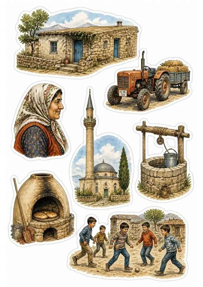 Sticker set with village house, tractor, well, mosque, oven, and children playing.