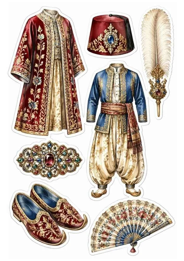 Sticker set with Ottoman clothing, fez, shoes, jewelry, feather, and fan.