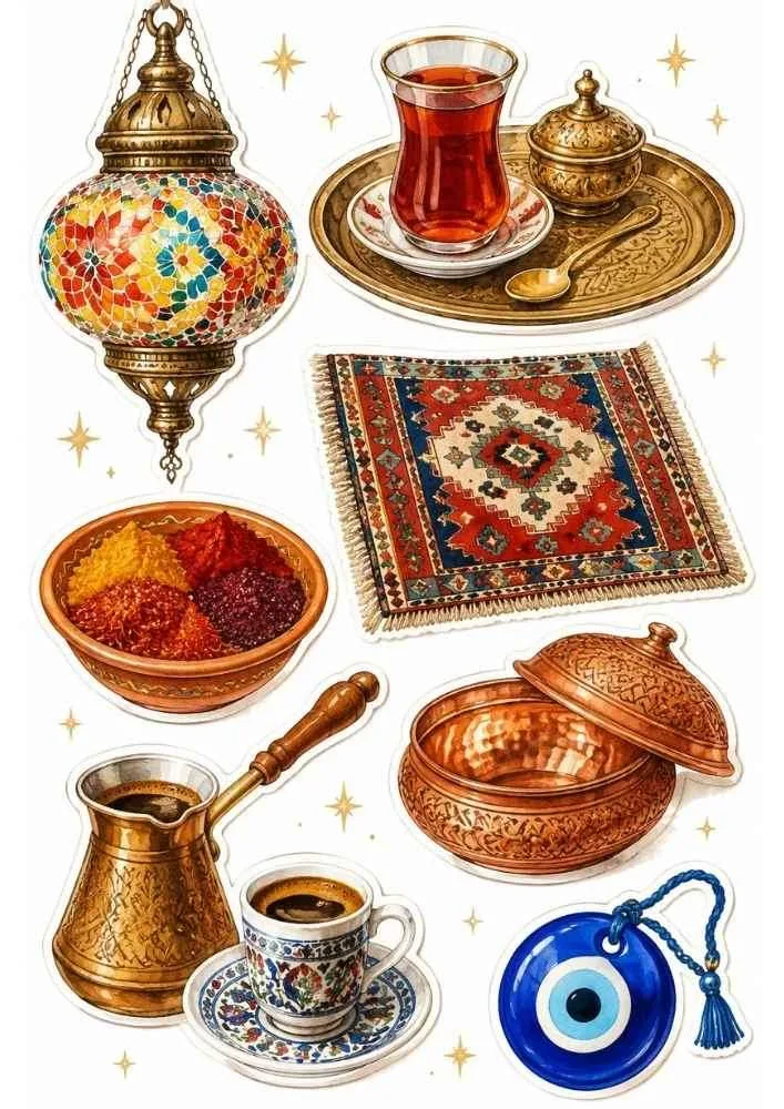Sticker set with lantern, spices, rug, coffee, copper bowl, and evil eye charm.