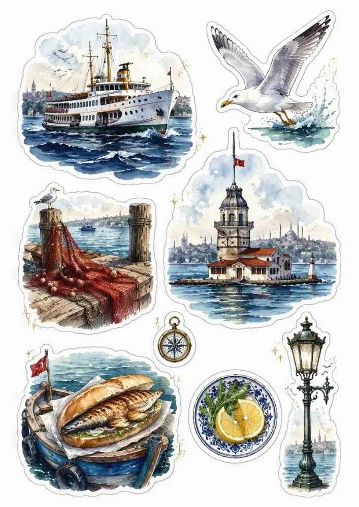 Sticker set with ferry, seagull, Maiden's Tower, fishing net, fish sandwich, and lamp.