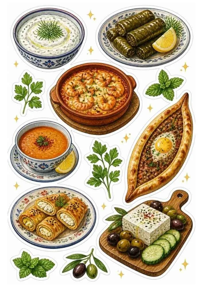 Sticker set with soup, pide, pastries, stuffed leaves, cheese, olives, and herbs.