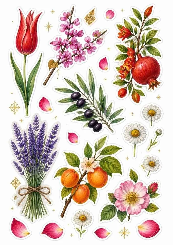 Sticker set with tulip, lavender, apricots, olives, daisies, roses, and pomegranate.