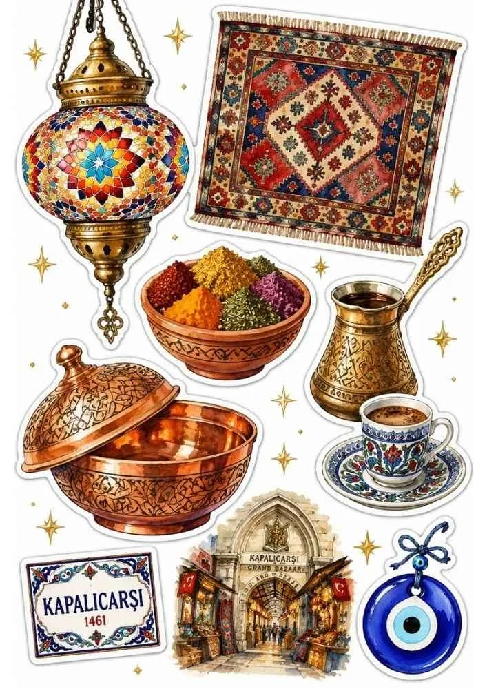 Sticker set with lantern, rug, spices, coffee pot, Grand Bazaar, and evil eye charm.