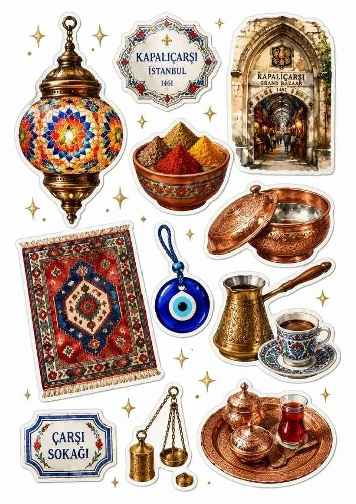 Sticker set with Grand Bazaar sign, lantern, rug, spices, coffee set, and copper bowl.