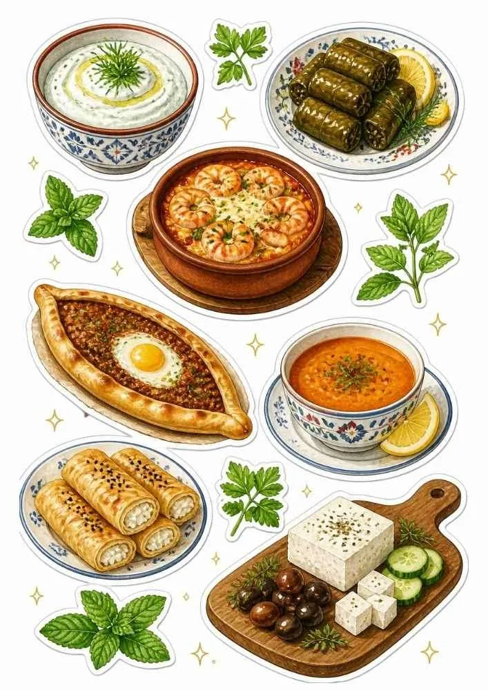 Sticker set with pide, soup, stuffed grape leaves, pastries, cheese, olives, herbs, and shrimp casserole.