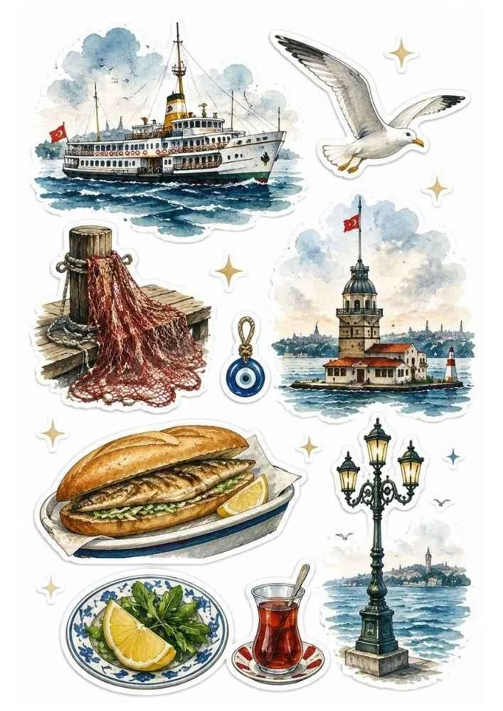 Sticker set with ferry, Maiden's Tower, seagull, fishing net, fish sandwich, tea, and street lamp.