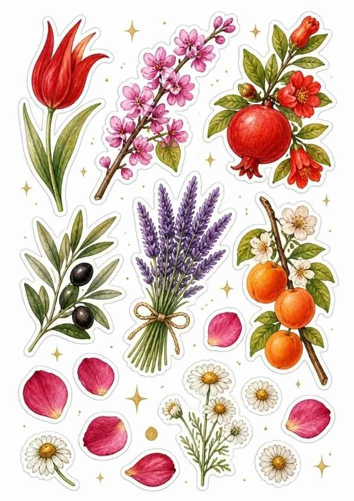 Sticker set with tulip, lavender, olives, apricots, pomegranate, blossoms, daisies, and petals.