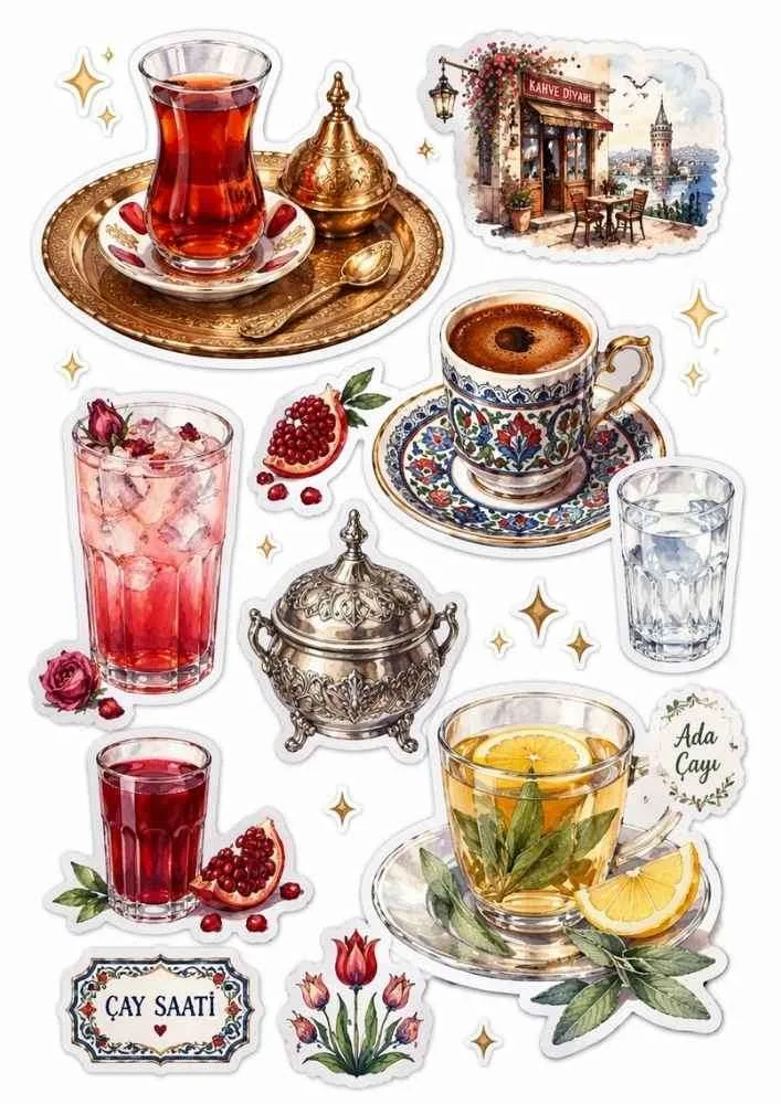 Sticker set with tea, coffee, sherbet, herbal tea, café, water glass, and serving tray.