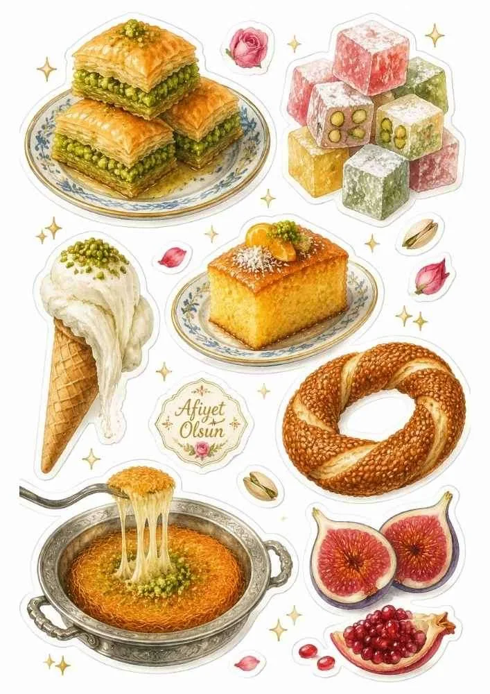 Sticker set with baklava, Turkish delight, ice cream, simit, kunafa, figs, and pomegranate.