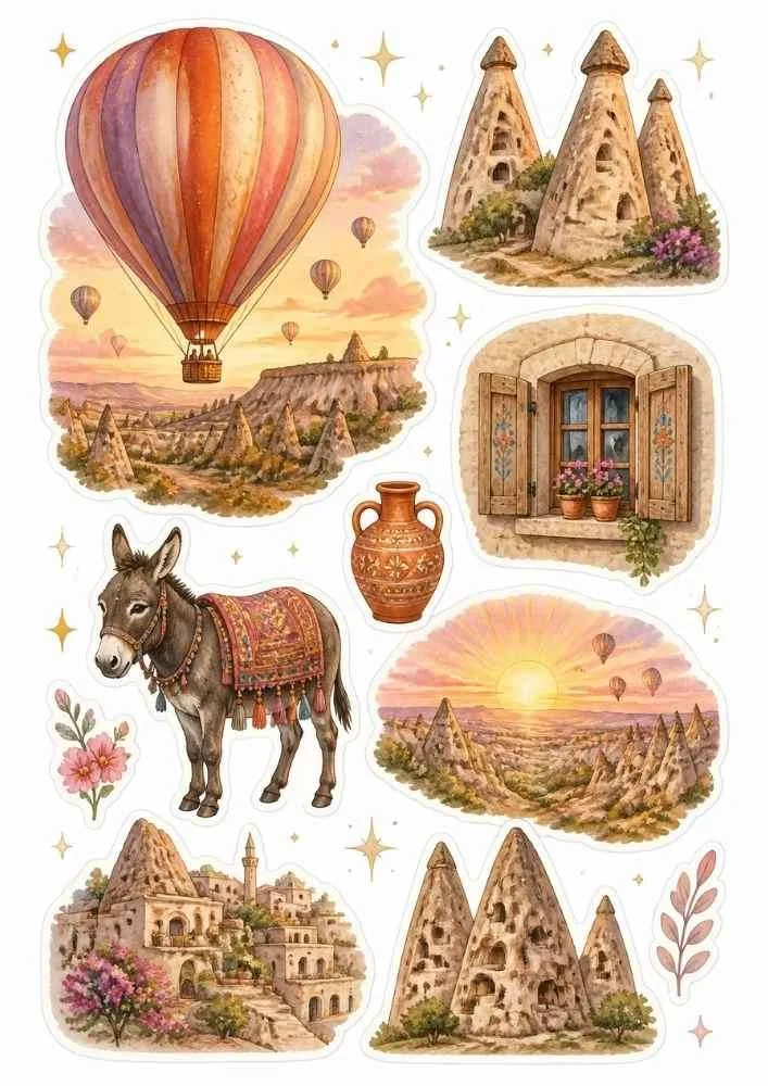 Sticker set with hot air balloon, fairy chimneys, donkey, pottery, village, and sunrise.