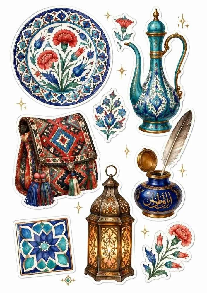 Sticker set with ceramic plate, lantern, pottery, bag, ink pot, tile, and flowers.